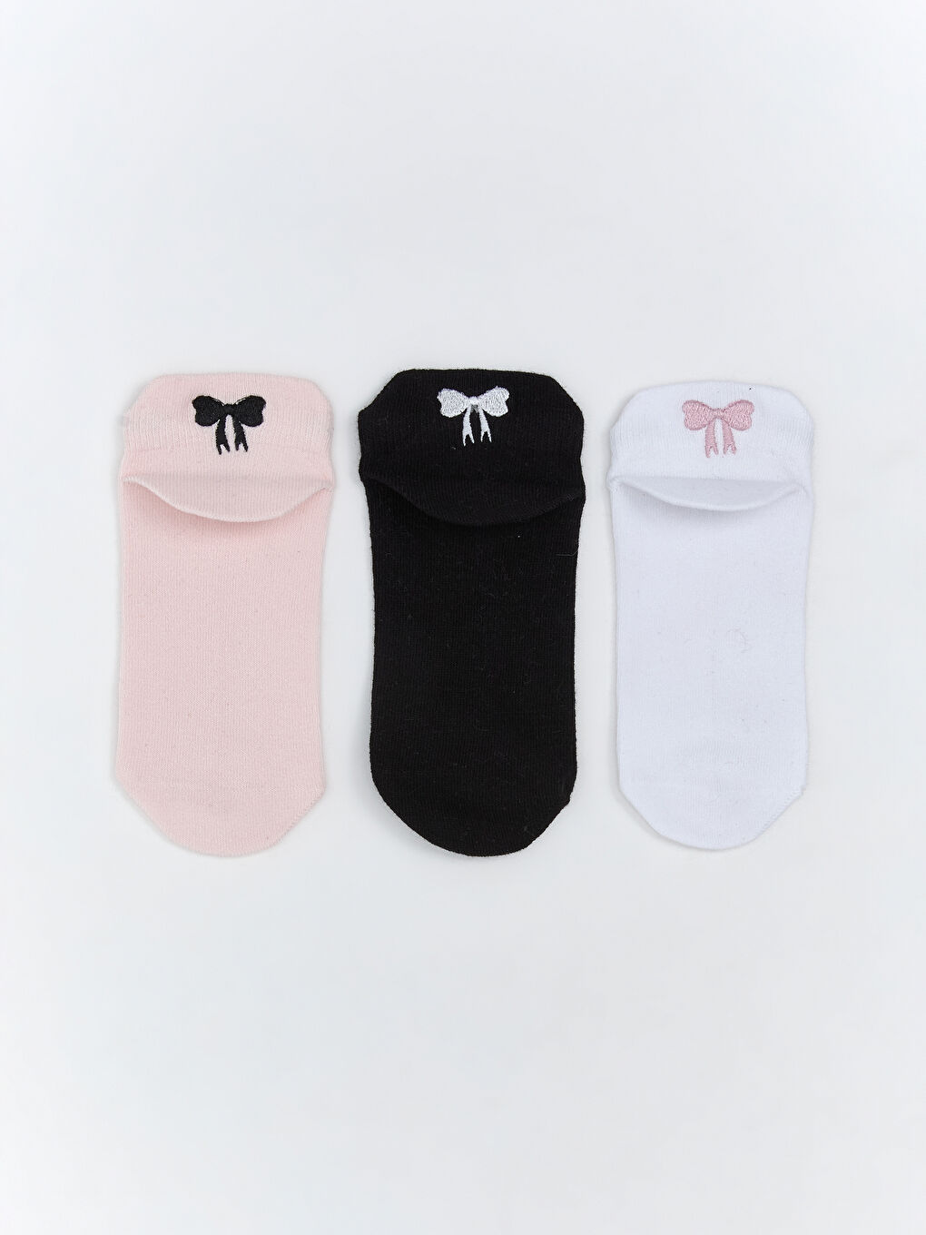 Ekru Fiyonk Nakışlı Kız Çocuk Patik Çorap 5'li-1