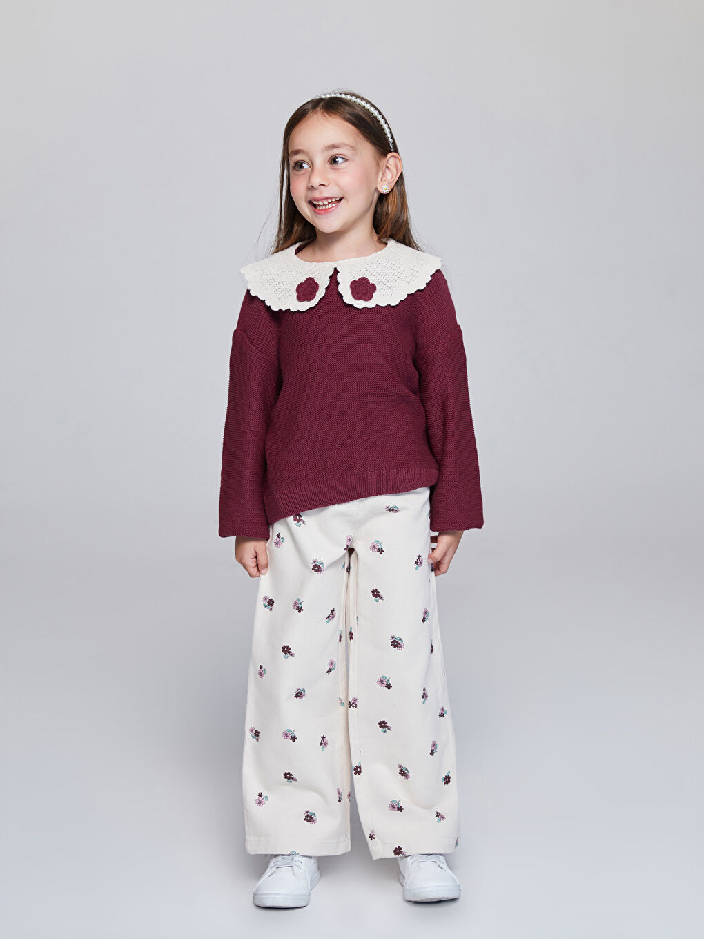 Bej Wideleg Çiçekli Kız Çocuk Pantolon