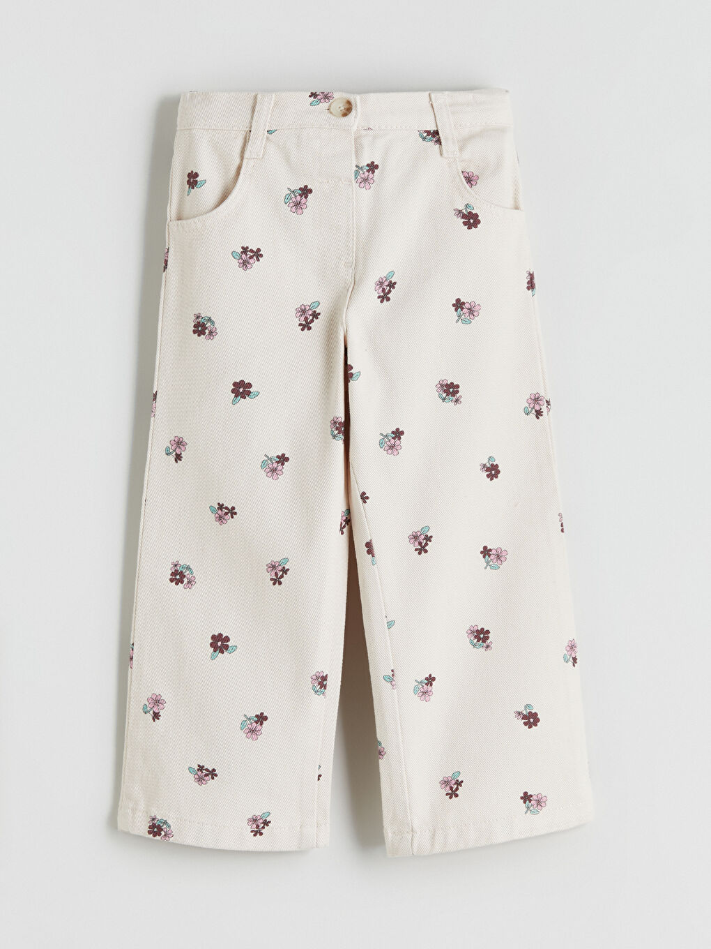 Bej Wideleg Çiçekli Kız Çocuk Pantolon-1