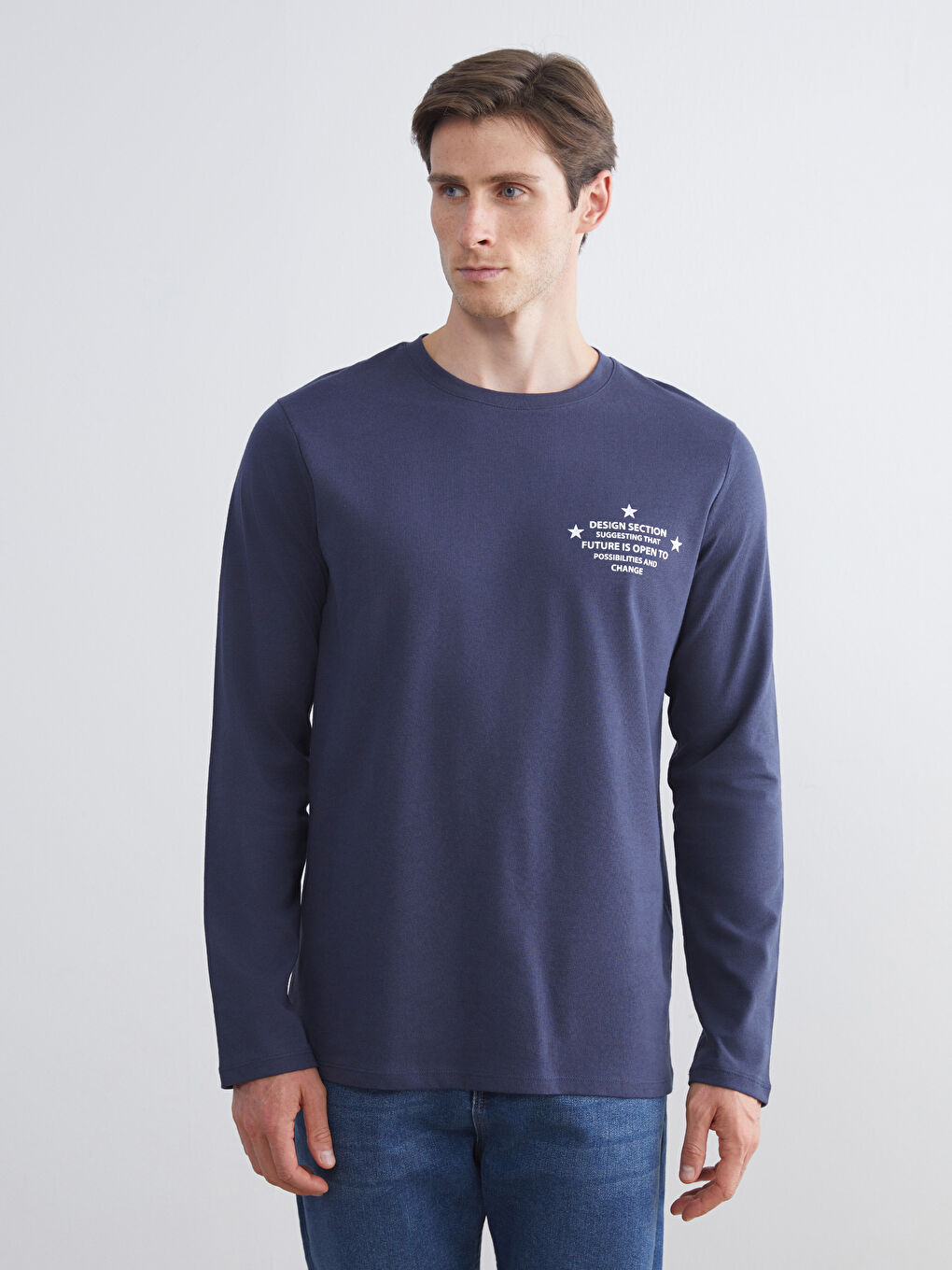 Lacivert Bisiklet Yaka Uzun Kollu Baskılı Erkek Tişört