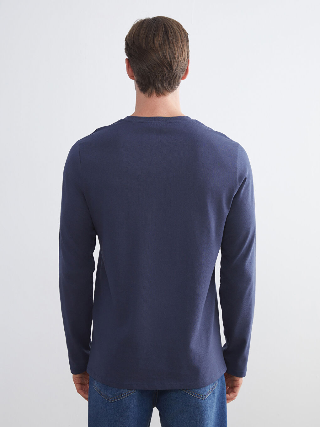 Lacivert Bisiklet Yaka Uzun Kollu Baskılı Erkek Tişört-3