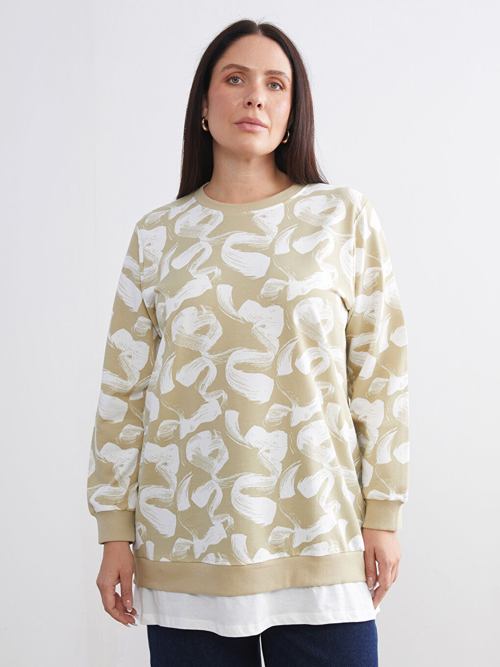 Yeşil Desenli Oversize Kadın Sweatshirt Tunik-1