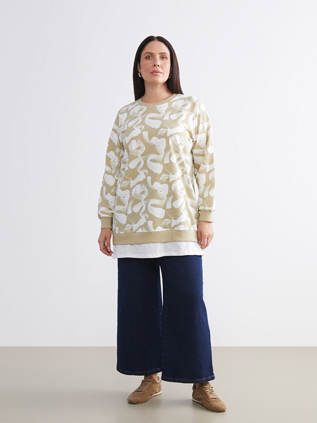 Yeşil Desenli Oversize Kadın Sweatshirt Tunik-5