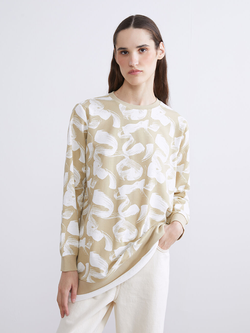 Yeşil Desenli Oversize Kadın Sweatshirt Tunik