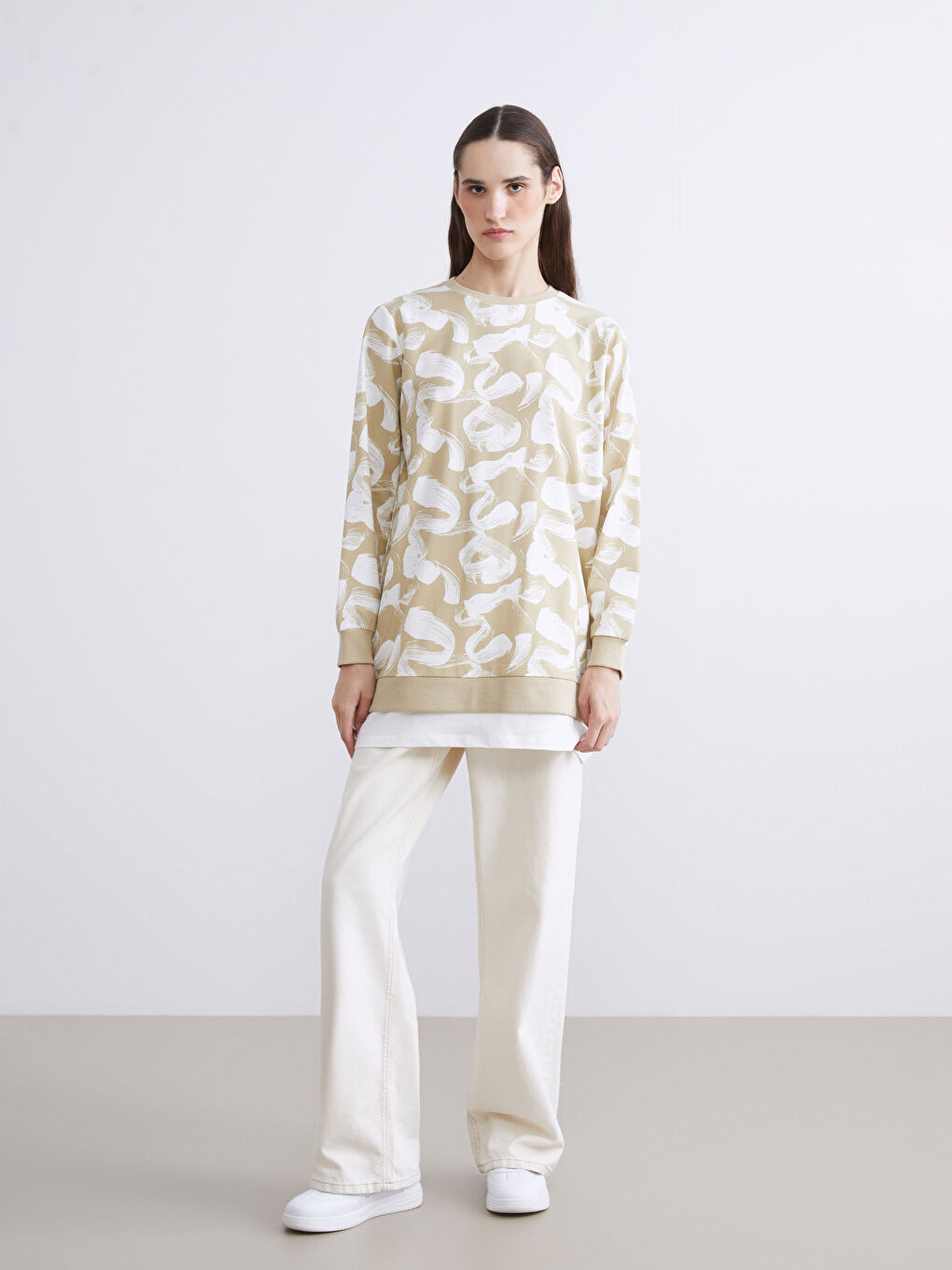 Yeşil Desenli Oversize Kadın Sweatshirt Tunik-2