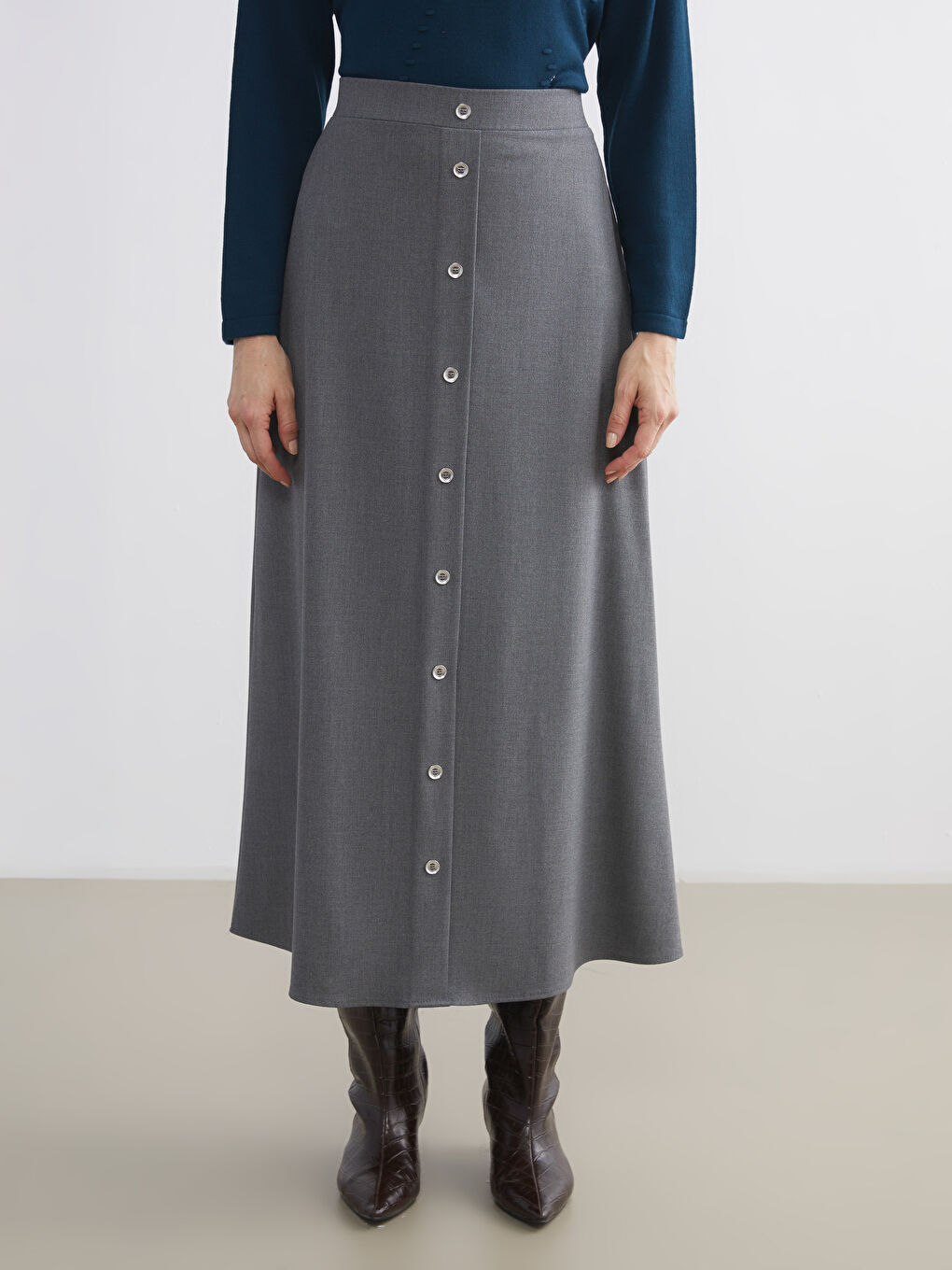 Antrasit Düğme Detaylı A Kesim Etek-1