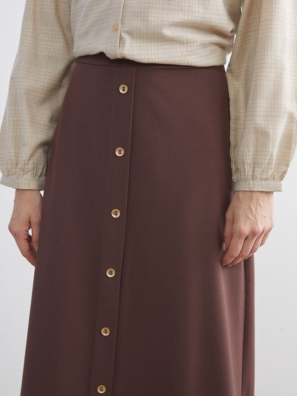 Kahverengi Düğme Detaylı A Kesim Etek-2