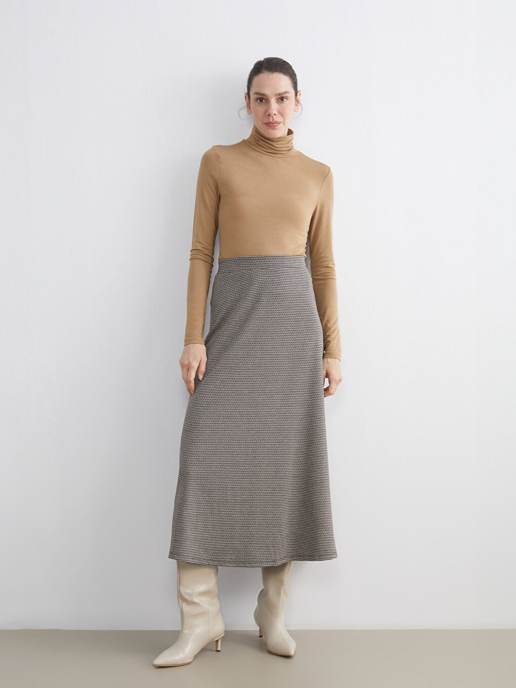 High Waisted Zippered Houndstooth Patterned A-Line Skirt