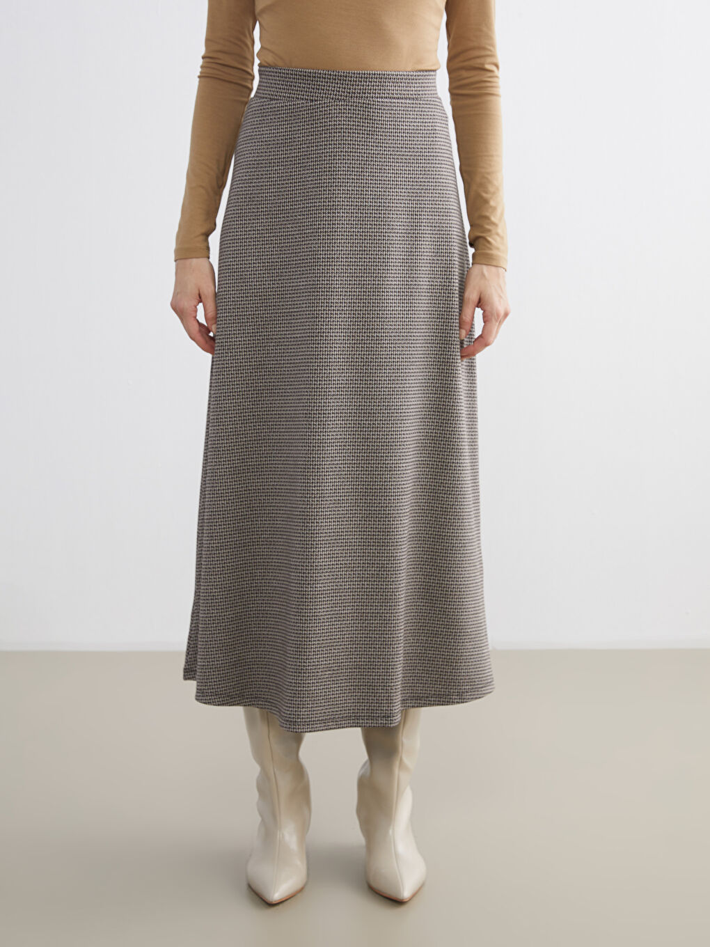 High Waisted Zippered Houndstooth Patterned A-Line Skirt-1