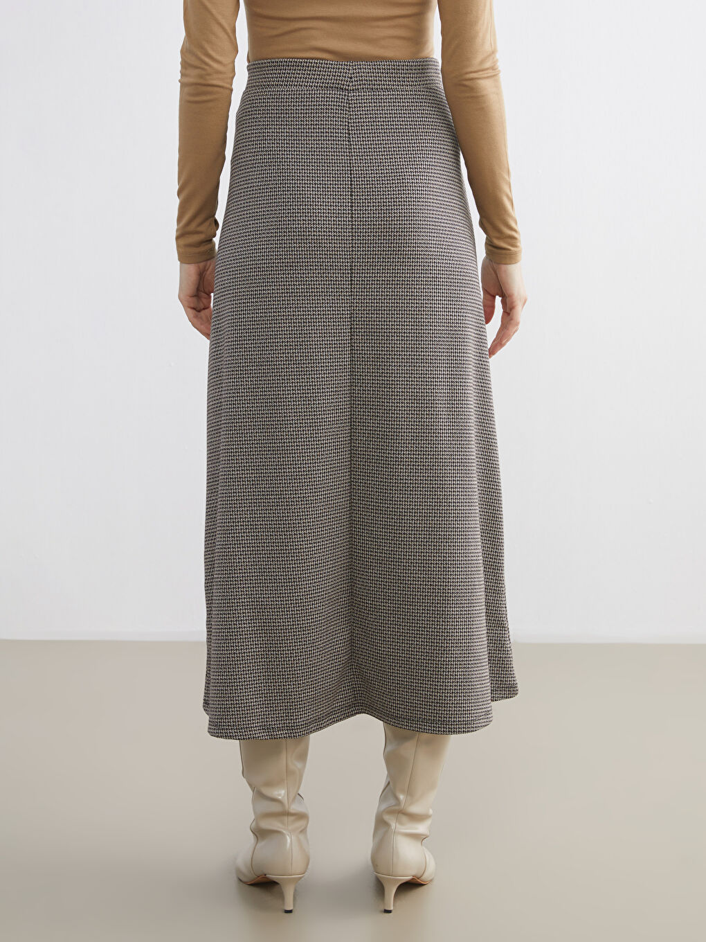 High Waisted Zippered Houndstooth Patterned A-Line Skirt-3