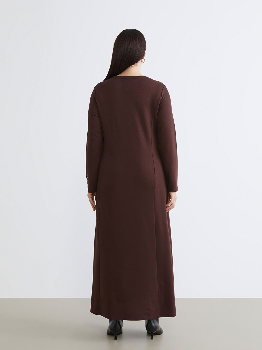 Kahverengi Bisiklet Yaka A Kesim Çiçek Nakışlı Elbise-3