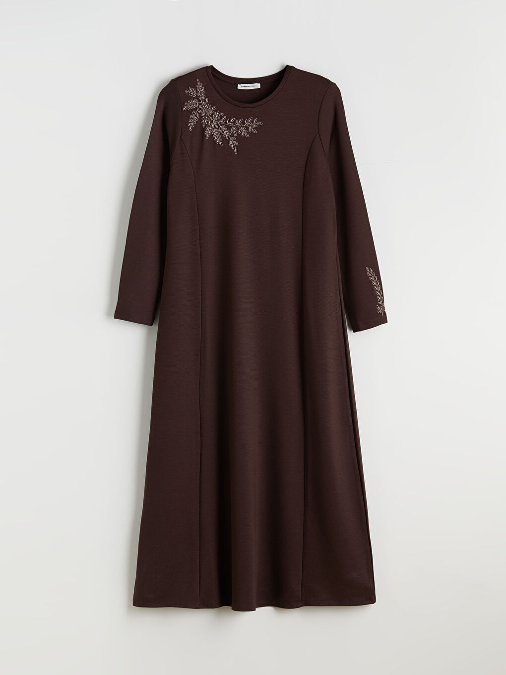 Kahverengi Bisiklet Yaka A Kesim Çiçek Nakışlı Elbise-4