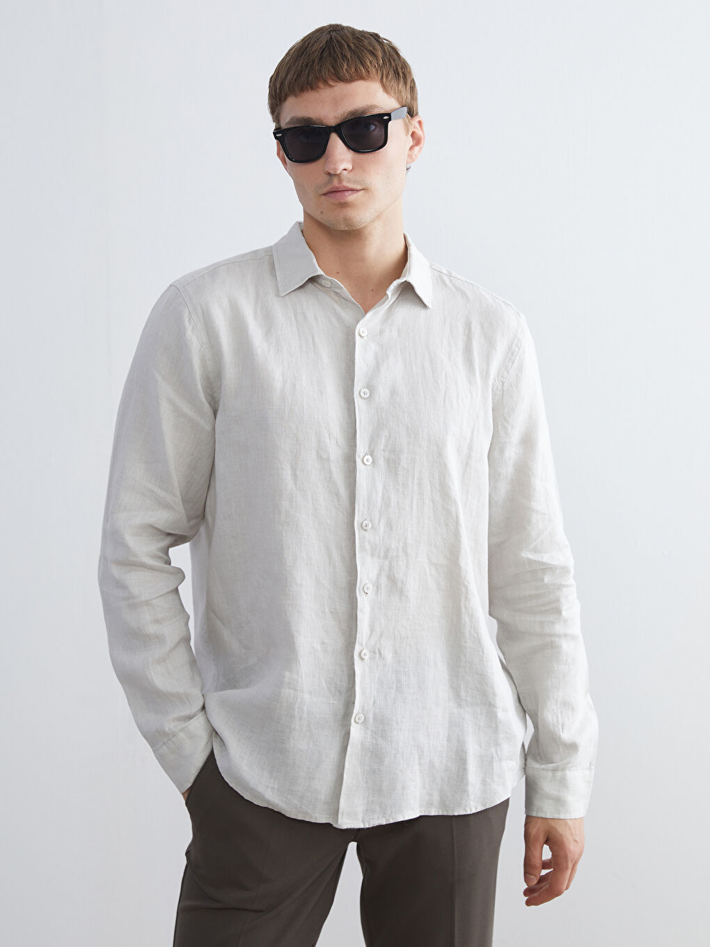 Bej Regular Fit Uzun Kollu Keten Erkek Gömlek