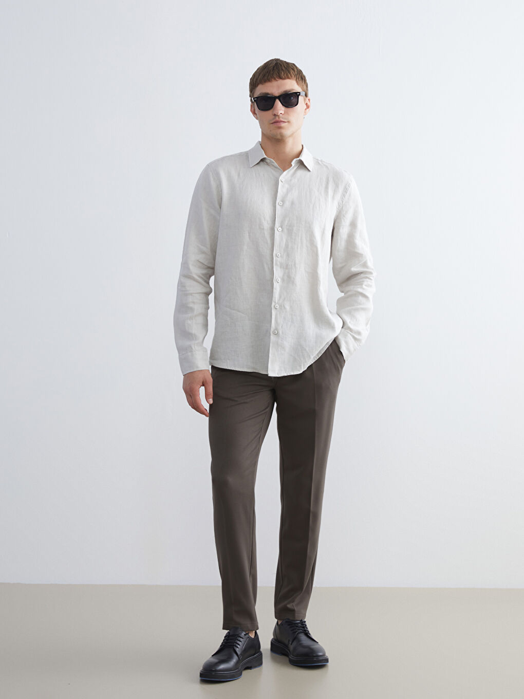 Bej Regular Fit Uzun Kollu Keten Erkek Gömlek-1