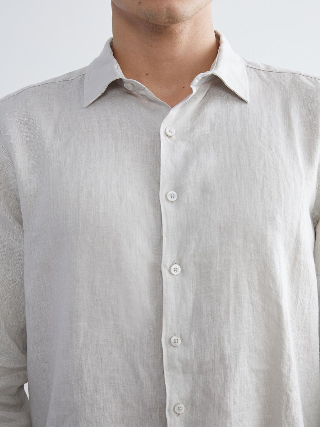 Bej Regular Fit Uzun Kollu Keten Erkek Gömlek-2