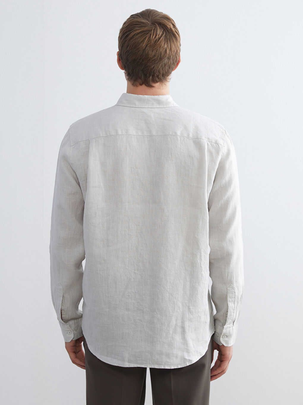 Bej Regular Fit Uzun Kollu Keten Erkek Gömlek-3