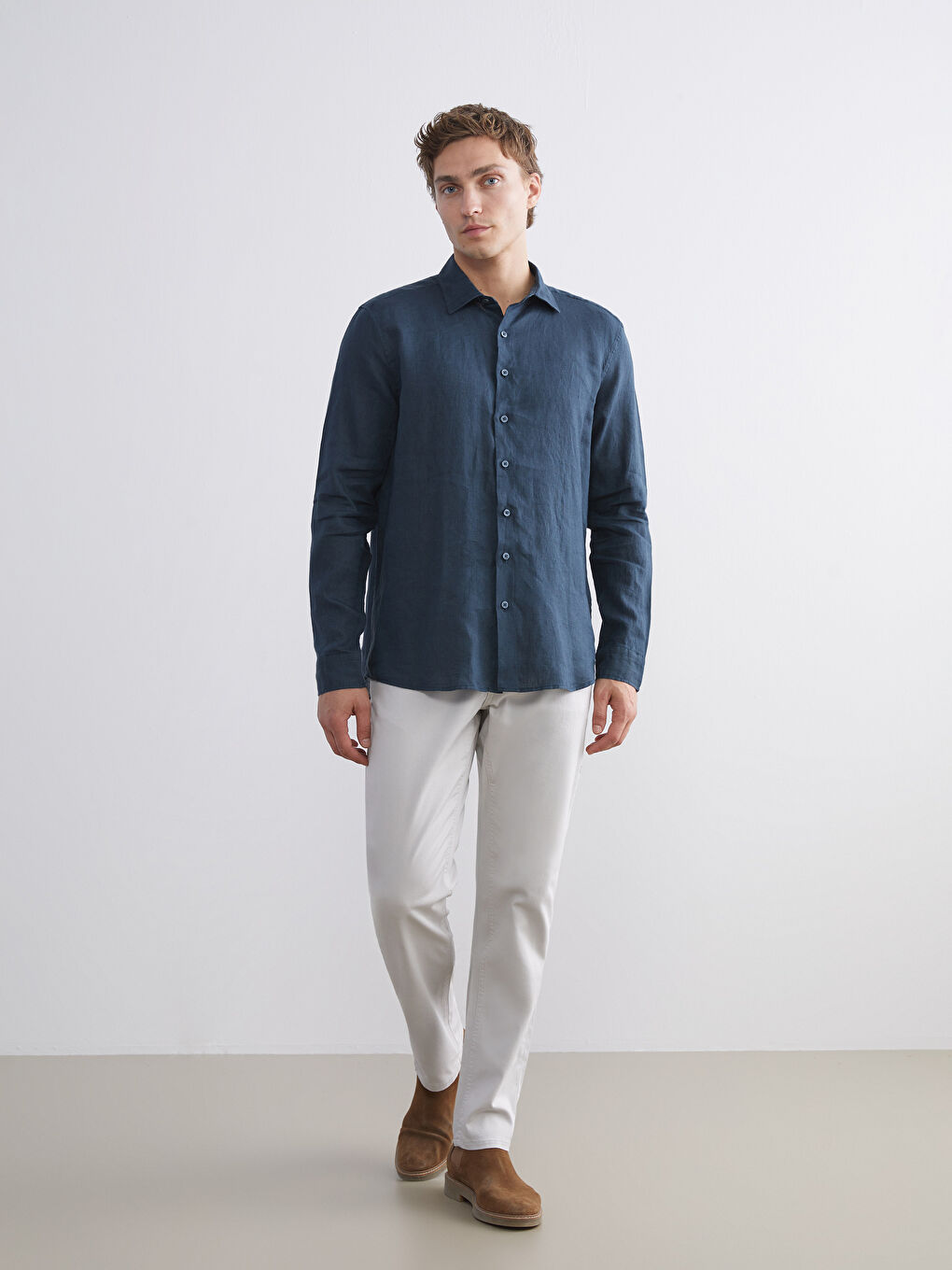 Petrol Regular Fit Uzun Kollu Keten Erkek Gömlek-1