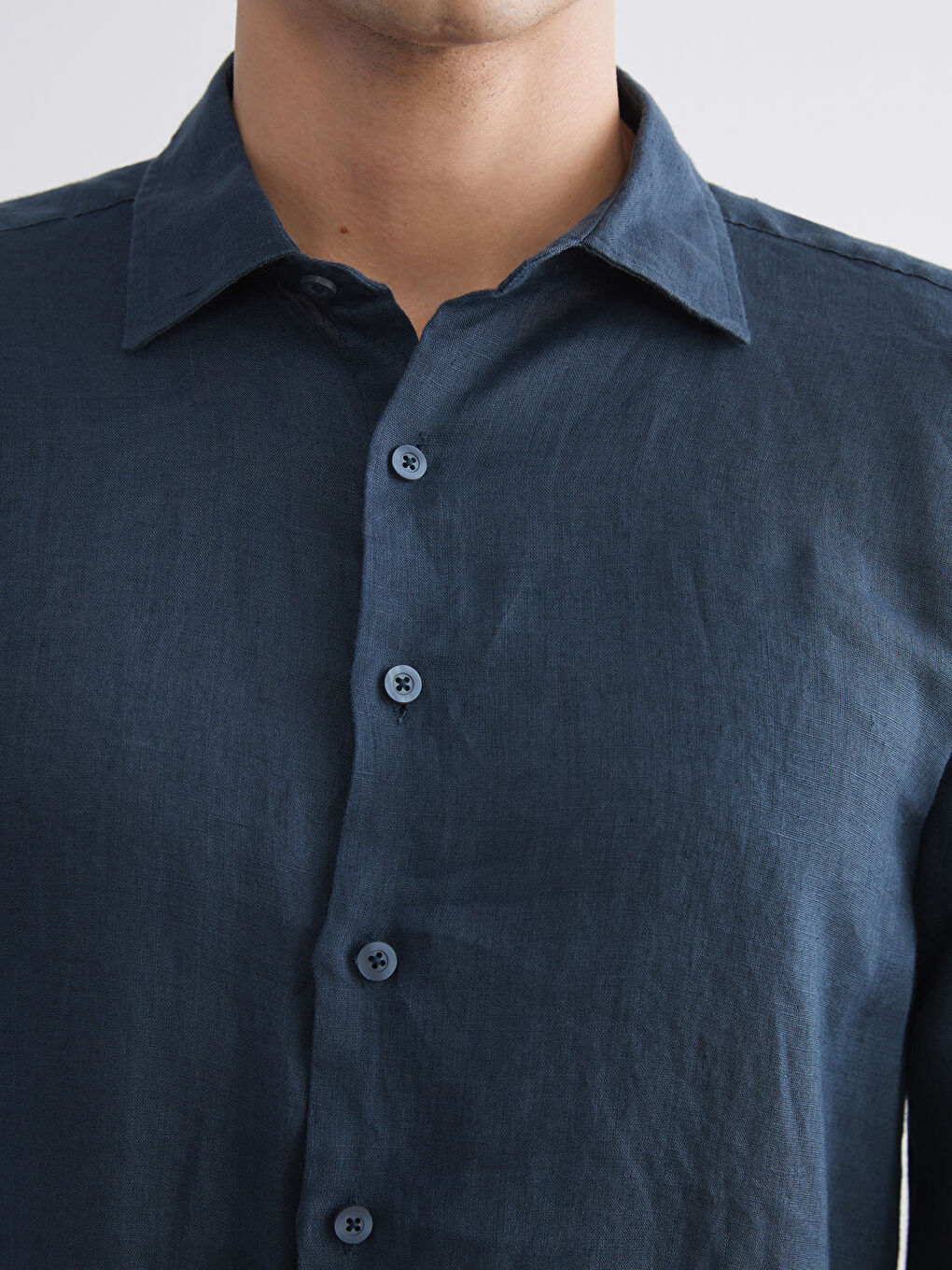 Petrol Regular Fit Uzun Kollu Keten Erkek Gömlek-2