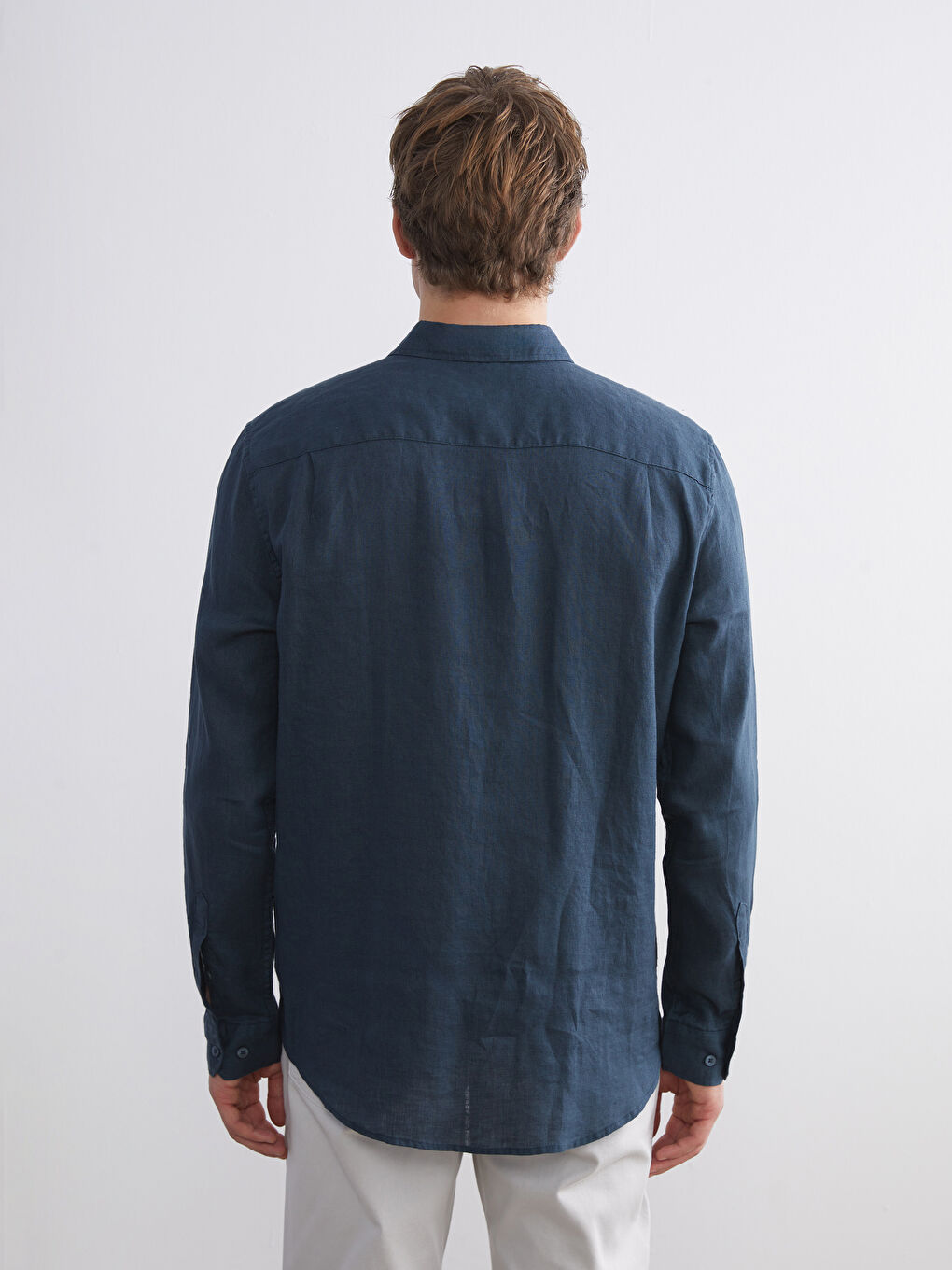 Petrol Regular Fit Uzun Kollu Keten Erkek Gömlek-3