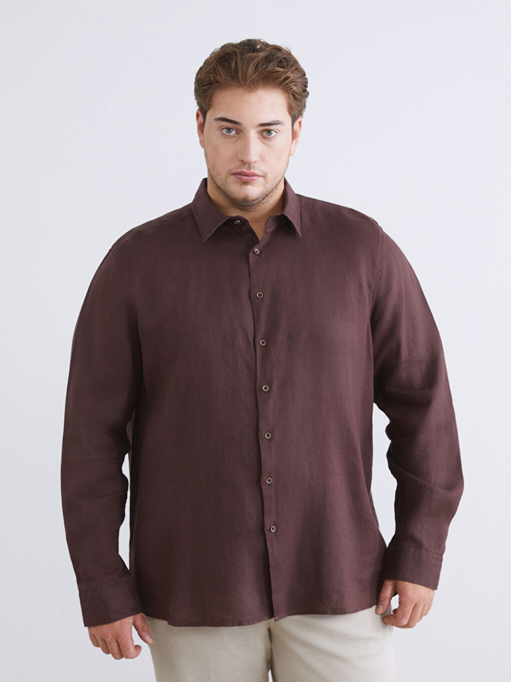 Kahverengi Regular Fit Uzun Kollu Keten Erkek Gömlek-1