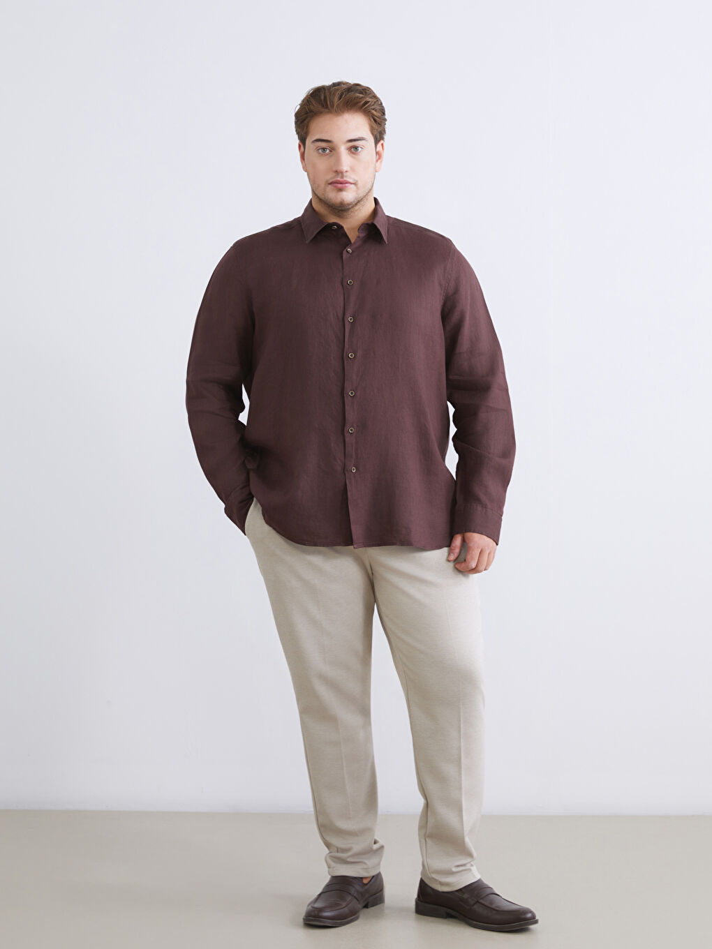 Kahverengi Regular Fit Uzun Kollu Keten Erkek Gömlek-5
