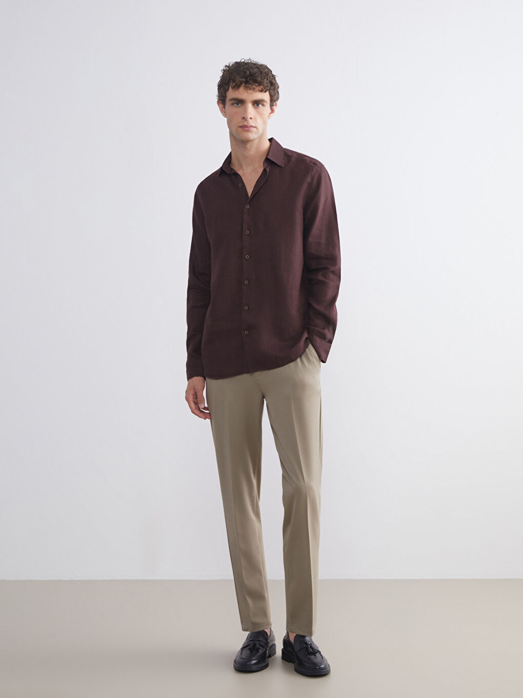 Kahverengi Regular Fit Uzun Kollu Keten Erkek Gömlek-2