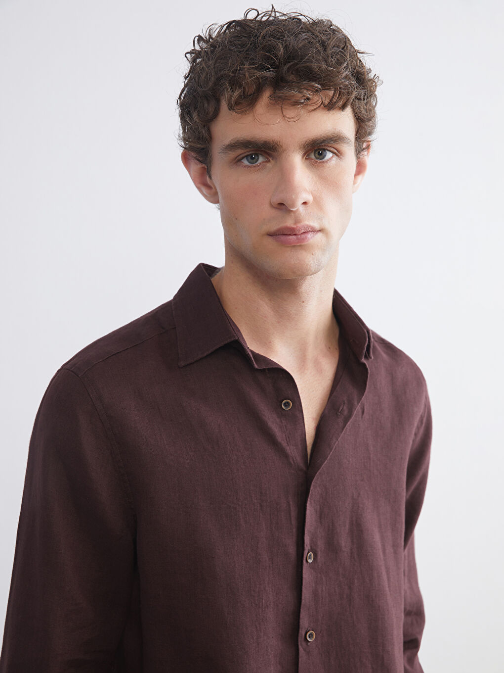 Kahverengi Regular Fit Uzun Kollu Keten Erkek Gömlek-3