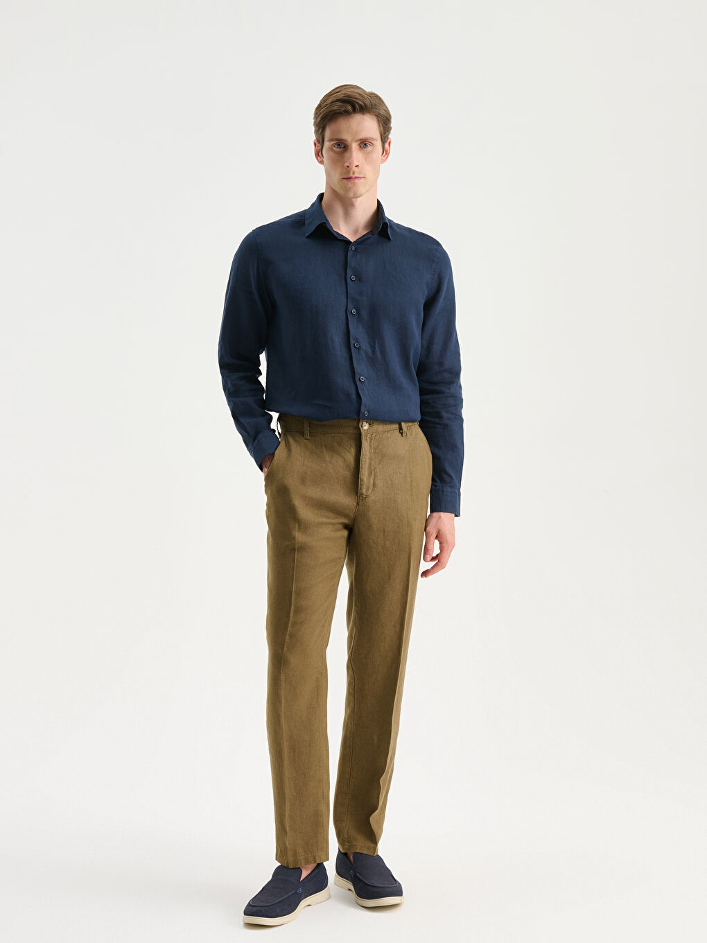 Lacivert Regular Fit Uzun Kollu Keten Erkek Gömlek-1