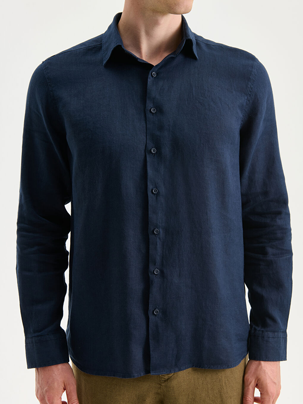 Lacivert Regular Fit Uzun Kollu Keten Erkek Gömlek-2