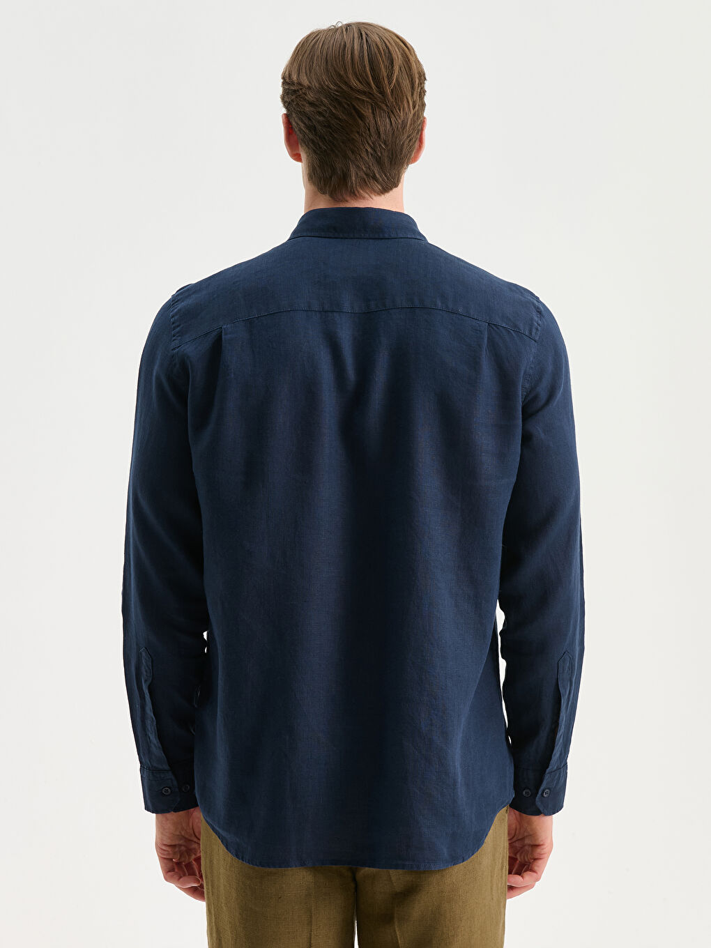 Lacivert Regular Fit Uzun Kollu Keten Erkek Gömlek-3