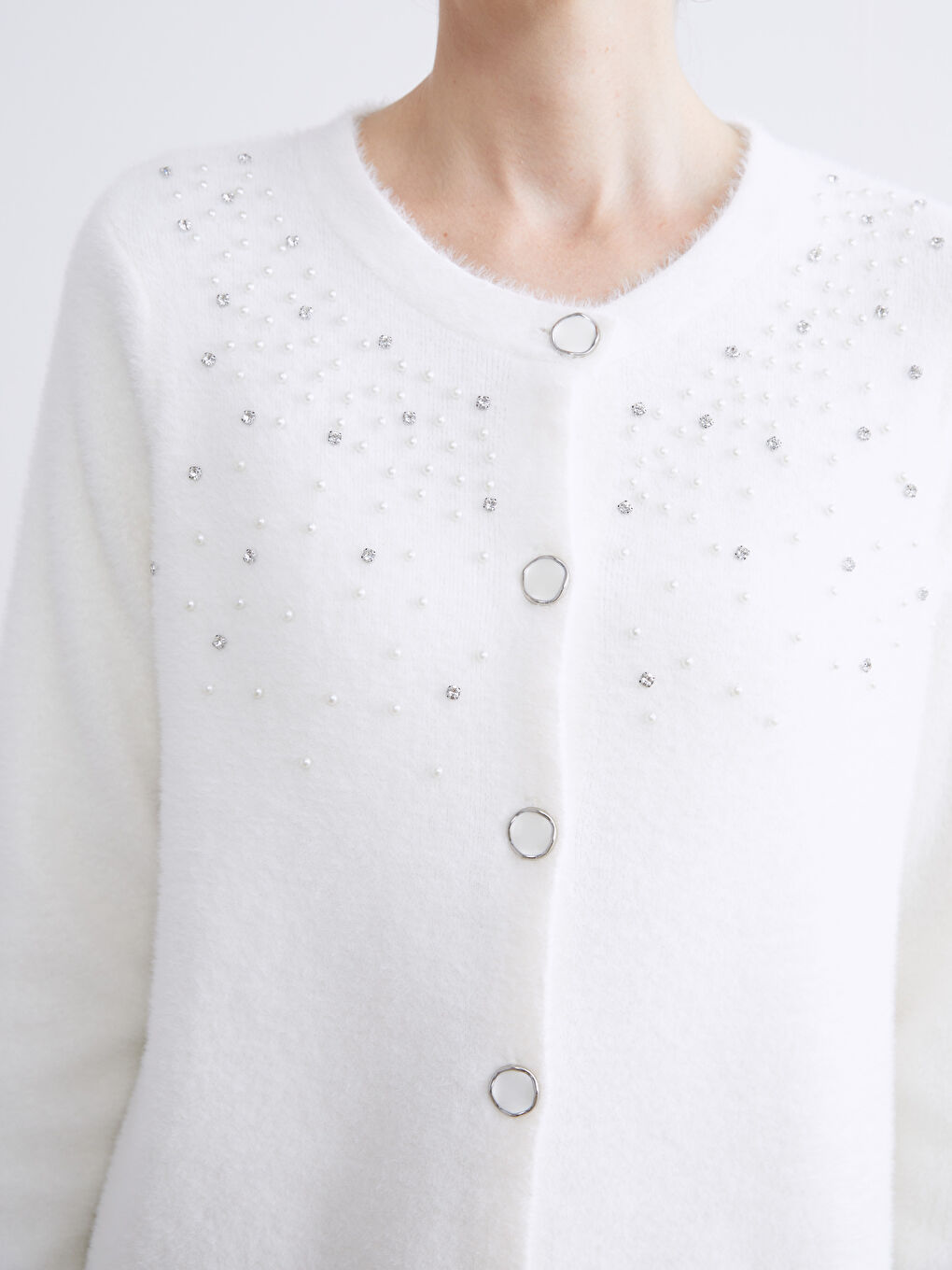 Ekru Bisiklet Yaka Taşlı Kadın Triko Hırka-2