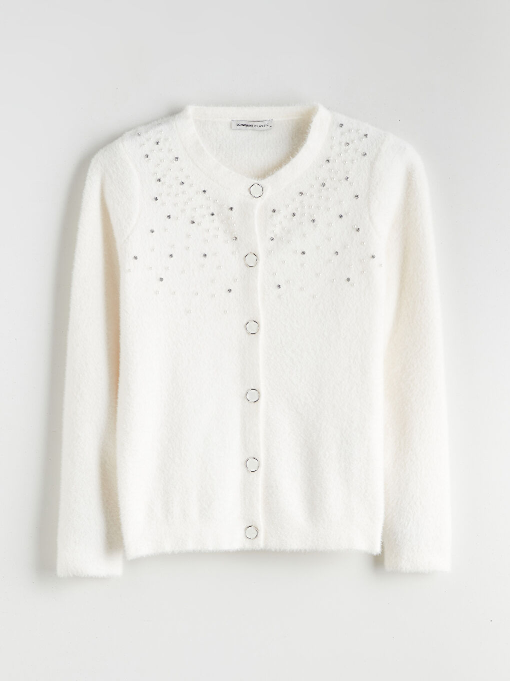 Ekru Bisiklet Yaka Taşlı Kadın Triko Hırka-4