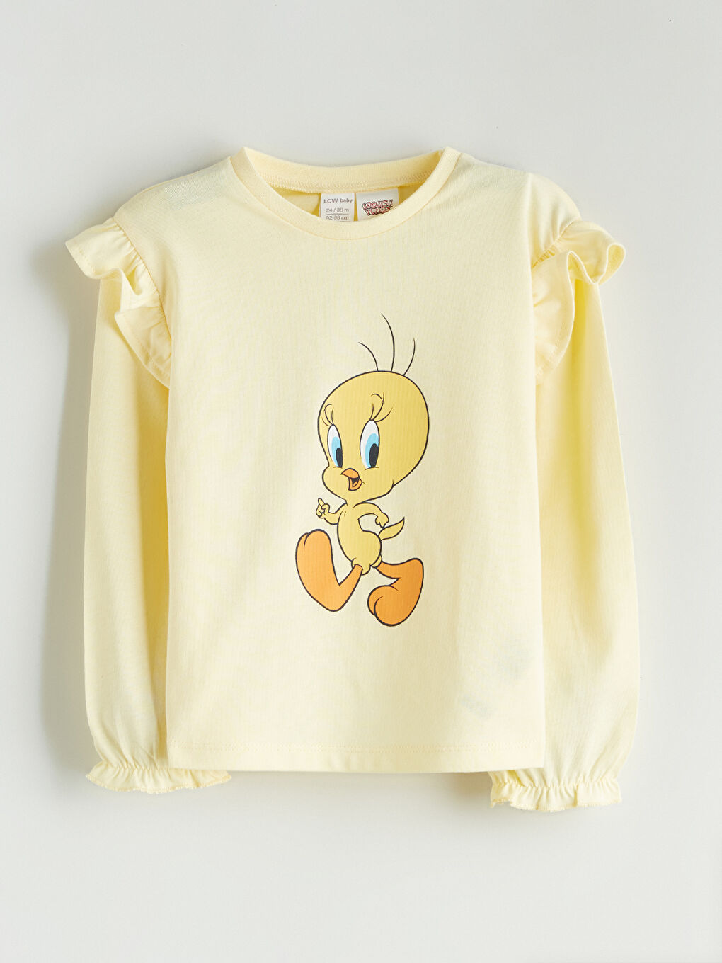 Sarı Bisiklet Yaka Tweety Baskılı Fırfırlı Kız Bebek Bluz ve Tayt 2'li-1