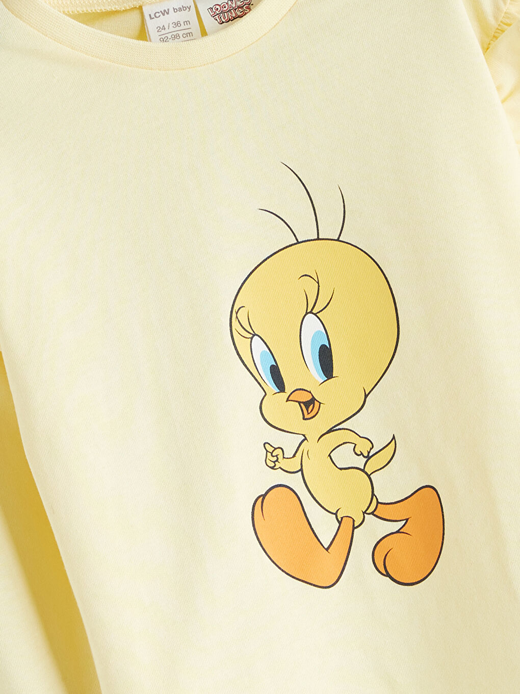 Sarı Bisiklet Yaka Tweety Baskılı Fırfırlı Kız Bebek Bluz ve Tayt 2'li-2