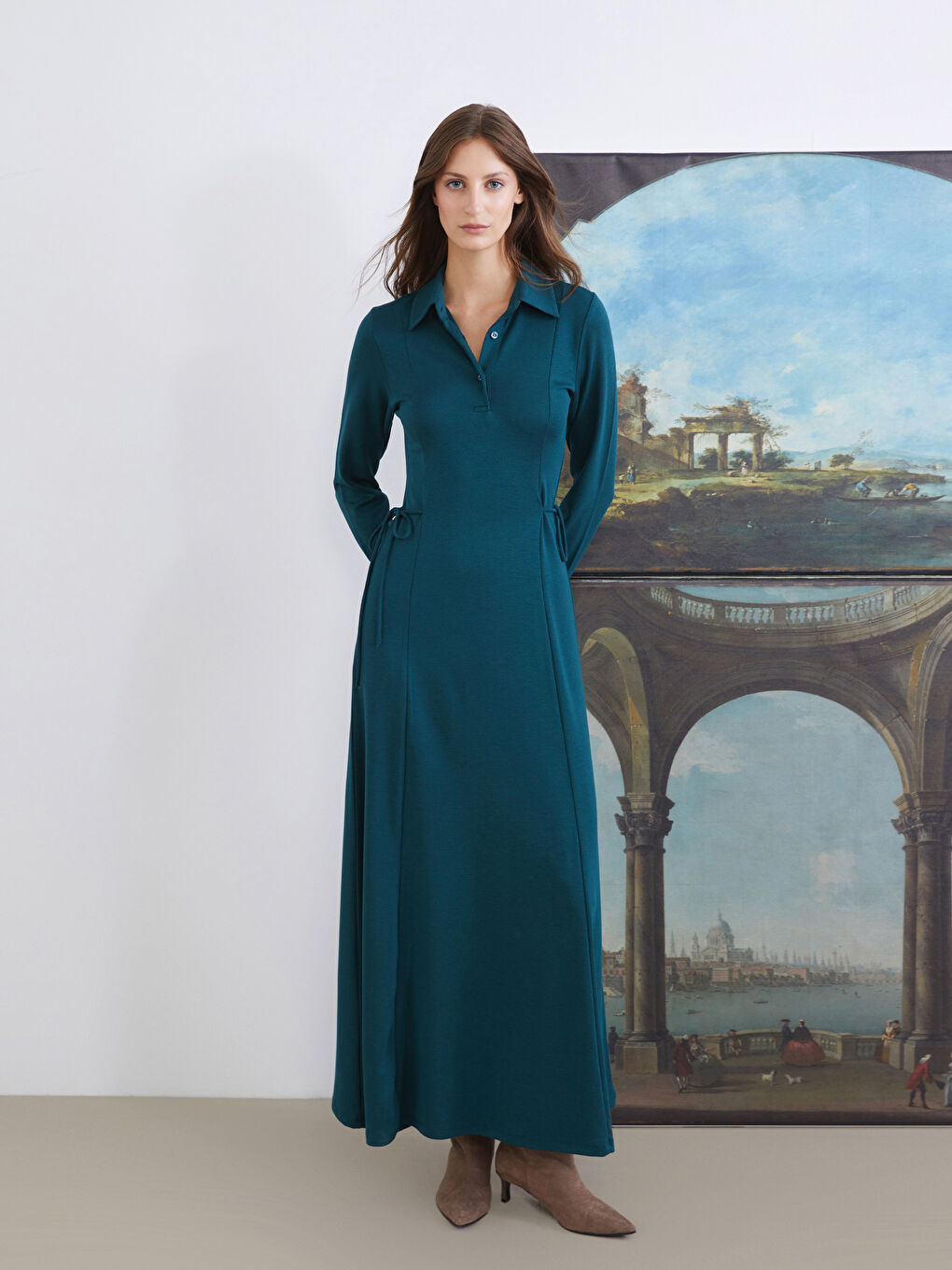 Petrol Gömlek Yaka Bağlama Detaylı Elbise-1