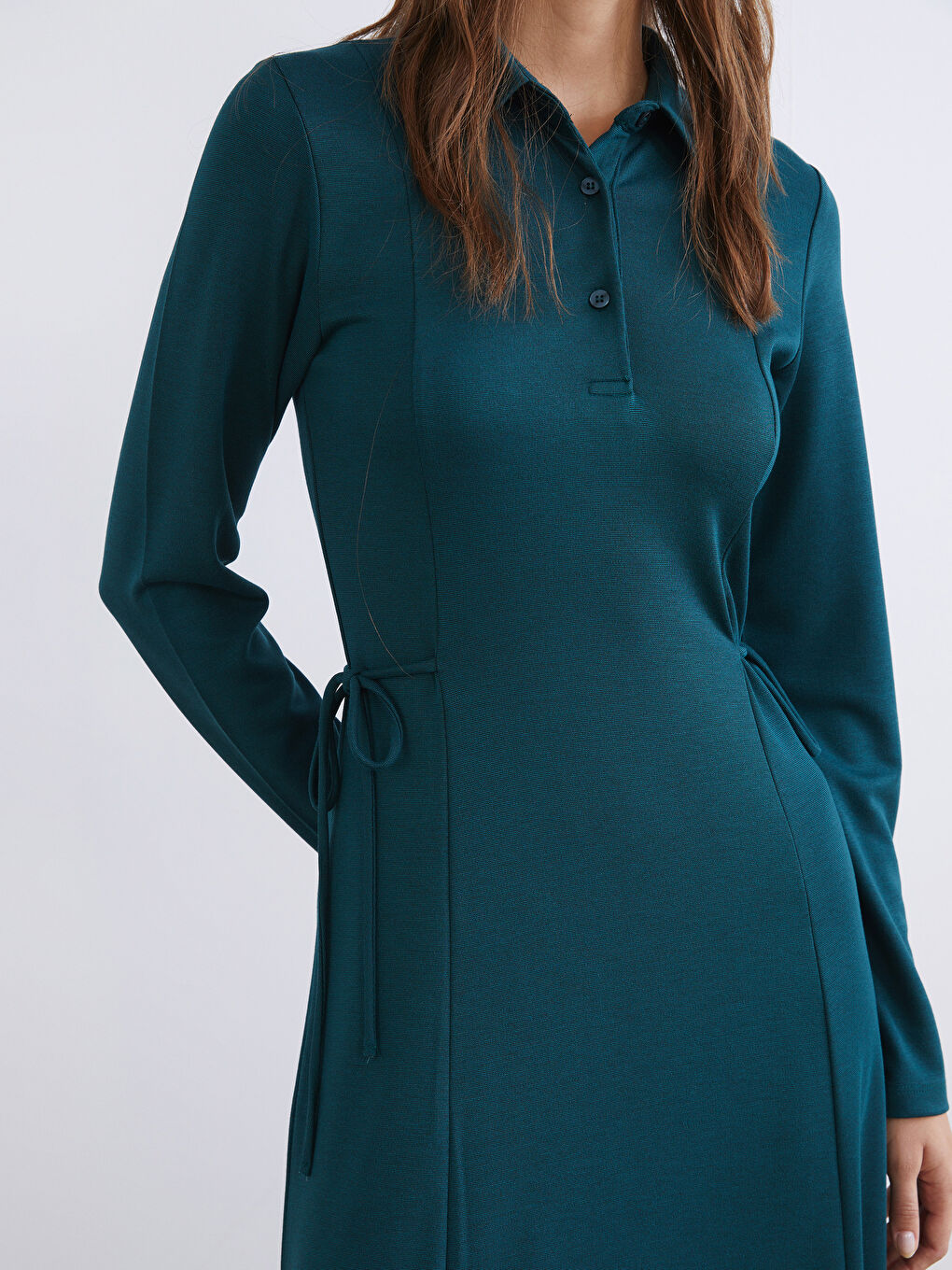 Petrol Gömlek Yaka Bağlama Detaylı Elbise-2