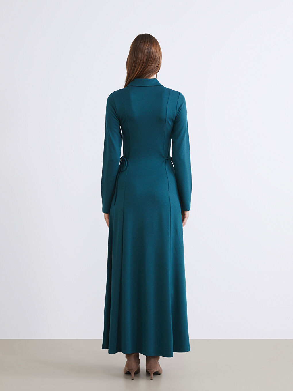 Petrol Gömlek Yaka Bağlama Detaylı Elbise-3