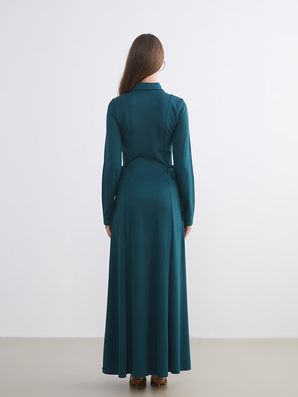 Petrol Gömlek Yaka Bağlama Detaylı Elbise-7