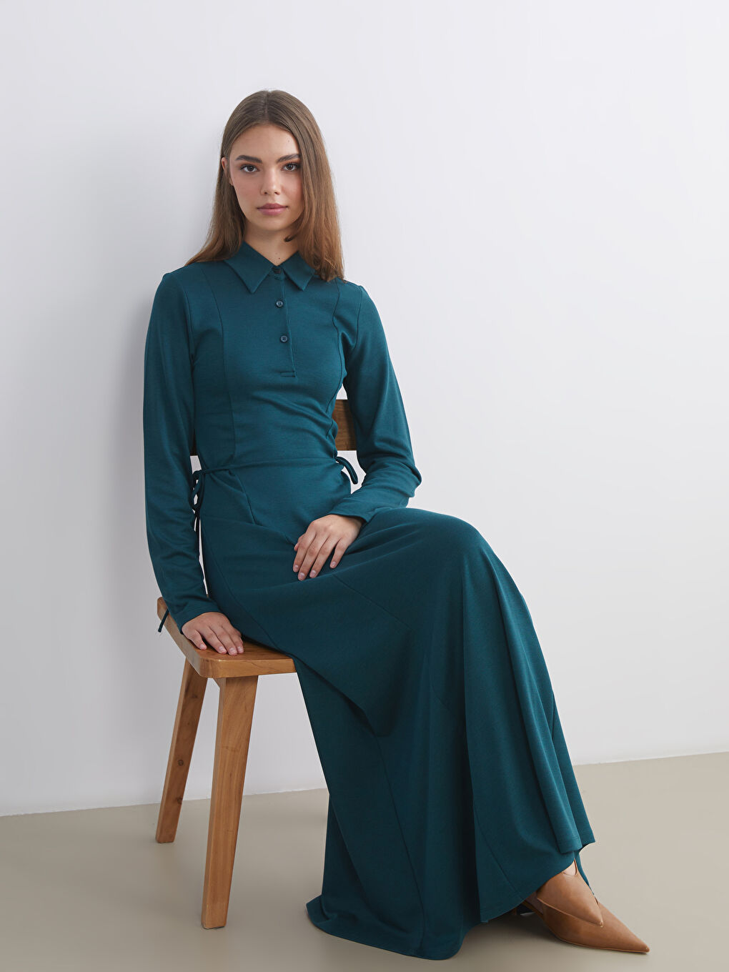 Petrol Gömlek Yaka Bağlama Detaylı Elbise-4