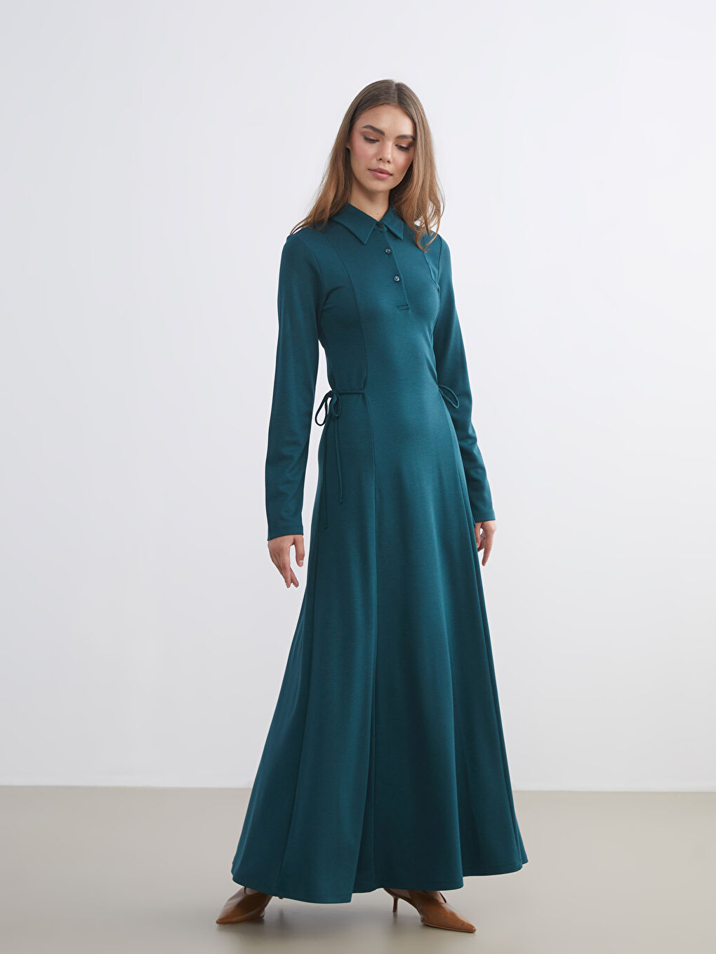 Petrol Gömlek Yaka Bağlama Detaylı Elbise-5