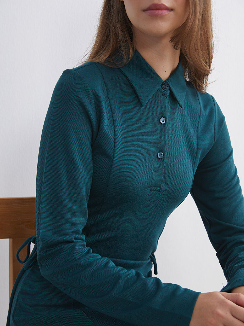 Petrol Gömlek Yaka Bağlama Detaylı Elbise-6