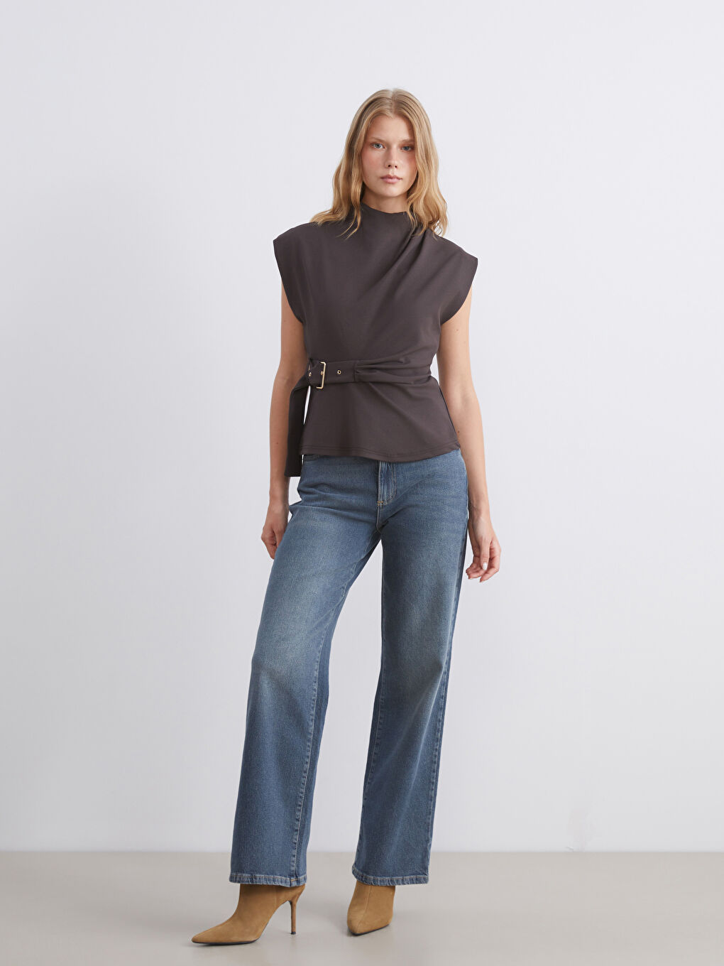 Kahverengi Dik Yaka Kemerli Bluz-1