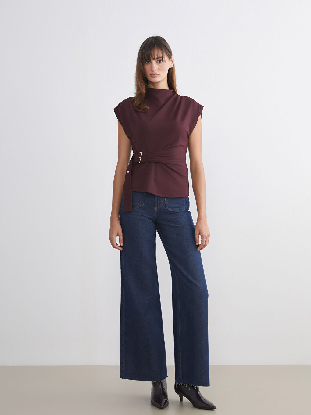 Mürdüm Dik Yaka Kemerli Bluz-3