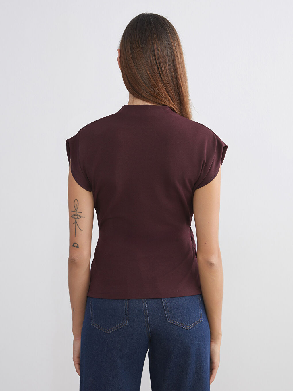 Mürdüm Dik Yaka Kemerli Bluz-7