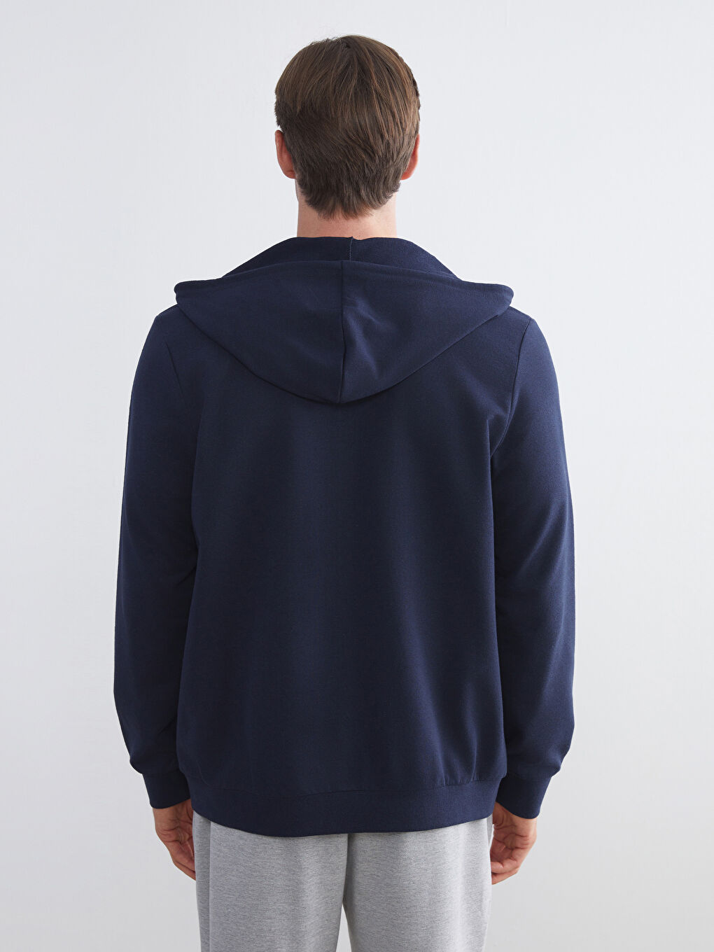 Lacivert Kapüşonlu Uzun Kollu Erkek Fermuarlı Sweatshirt-3