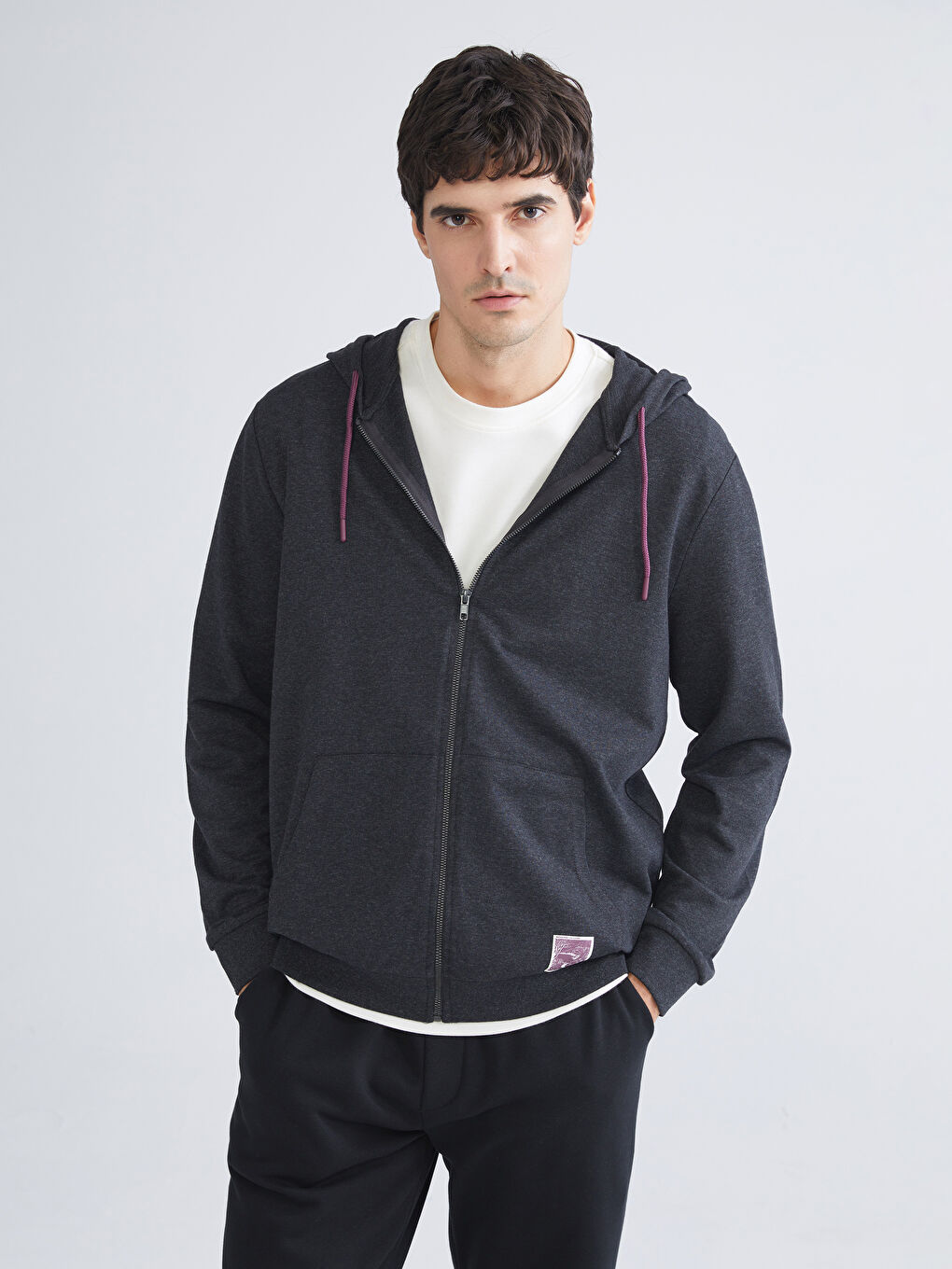 Antrasit Kapüşonlu Uzun Kollu Erkek Fermuarlı Sweatshirt