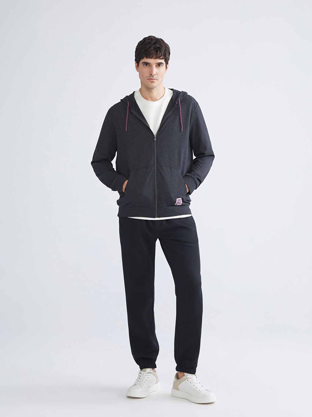 Antrasit Kapüşonlu Uzun Kollu Erkek Fermuarlı Sweatshirt-1