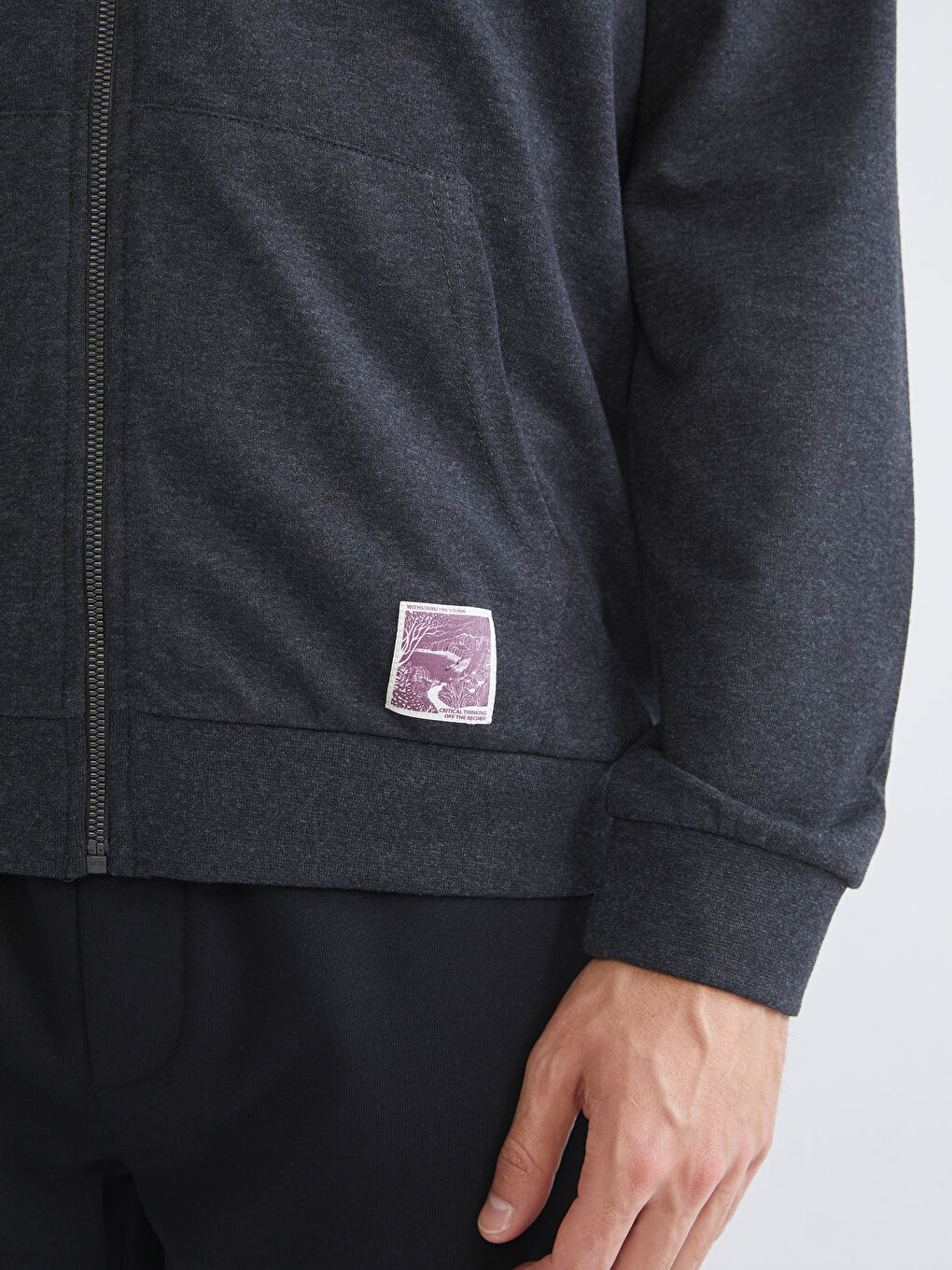 Antrasit Kapüşonlu Uzun Kollu Erkek Fermuarlı Sweatshirt-2