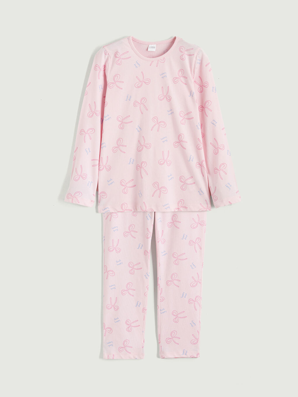 Crew Neck Bow Patterned Girls' Pyjama Set