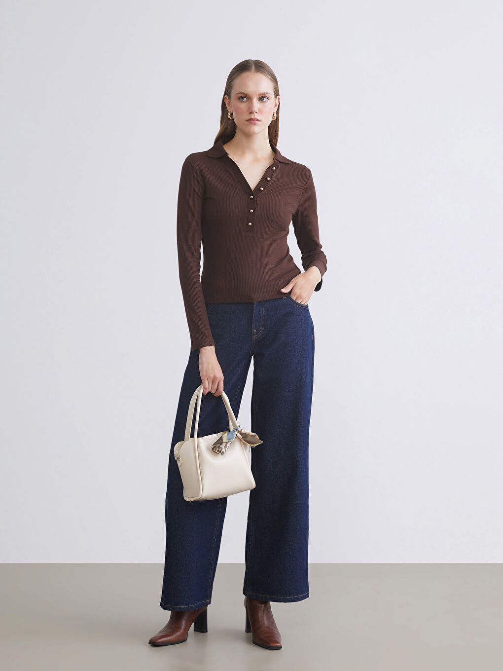 Ekru Fular Detaylı Kadın Omuz Çantası-1